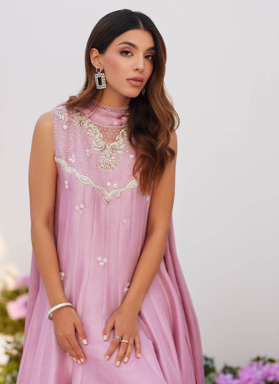 Farah Talib Aziz | Zaza Luxe Pret 24 |  CECE MAUVE EMBELLISHED RAW SILK KALIDAR WITH CHARMUESE DUPATTA