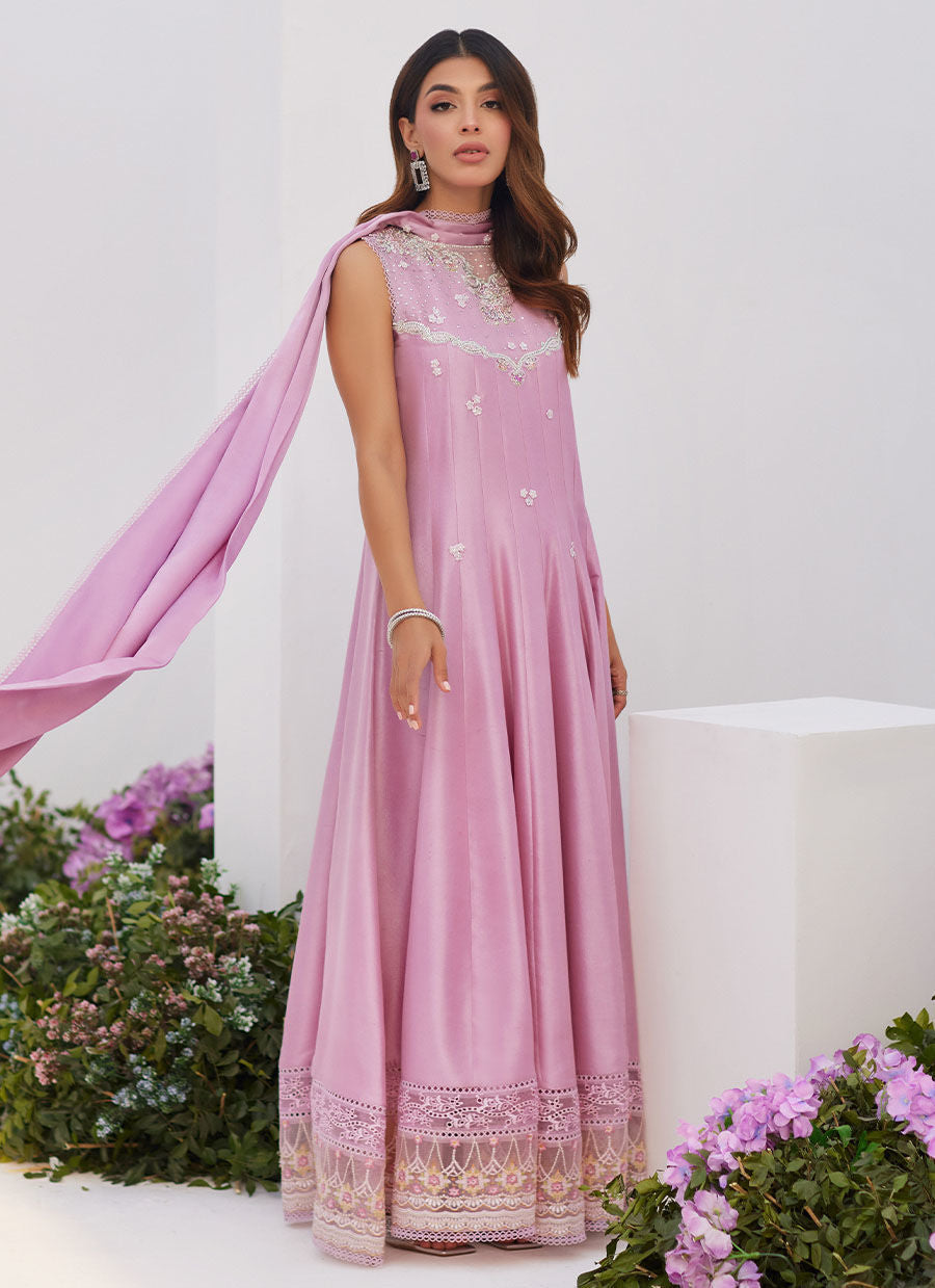 Farah Talib Aziz | Zaza Luxe Pret 24 |  CECE MAUVE EMBELLISHED RAW SILK KALIDAR WITH CHARMUESE DUPATTA