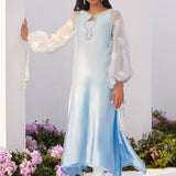 Farah Talib Aziz | Zaza Luxe Pret 24 |  BOW OMBRE BLUE EMBELLISHED KAFTAN CUT SHIRT