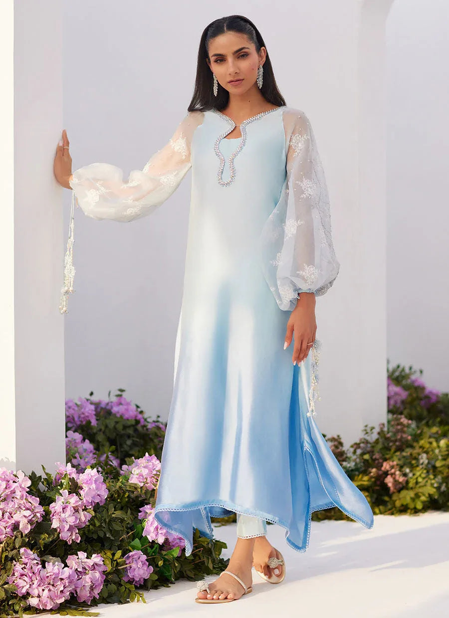 Farah Talib Aziz | Zaza Luxe Pret 24 | BOW OMBRE BLUE EMBELLISHED KAFTAN CUT SHIRT - Rang-e-Khaas