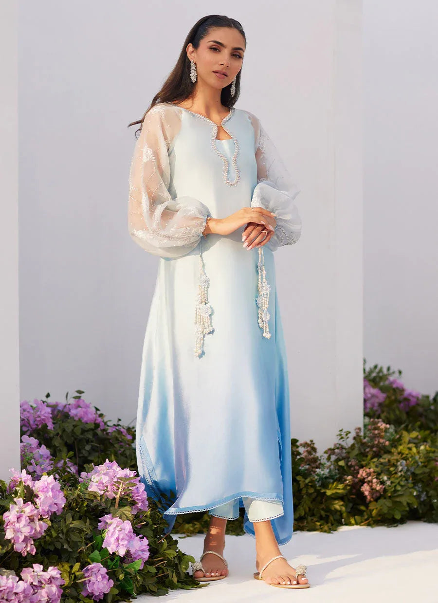 Farah Talib Aziz | Zaza Luxe Pret 24 | BOW OMBRE BLUE EMBELLISHED KAFTAN CUT SHIRT - Rang-e-Khaas