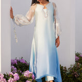 Farah Talib Aziz | Zaza Luxe Pret 24 |  BOW OMBRE BLUE EMBELLISHED KAFTAN CUT SHIRT