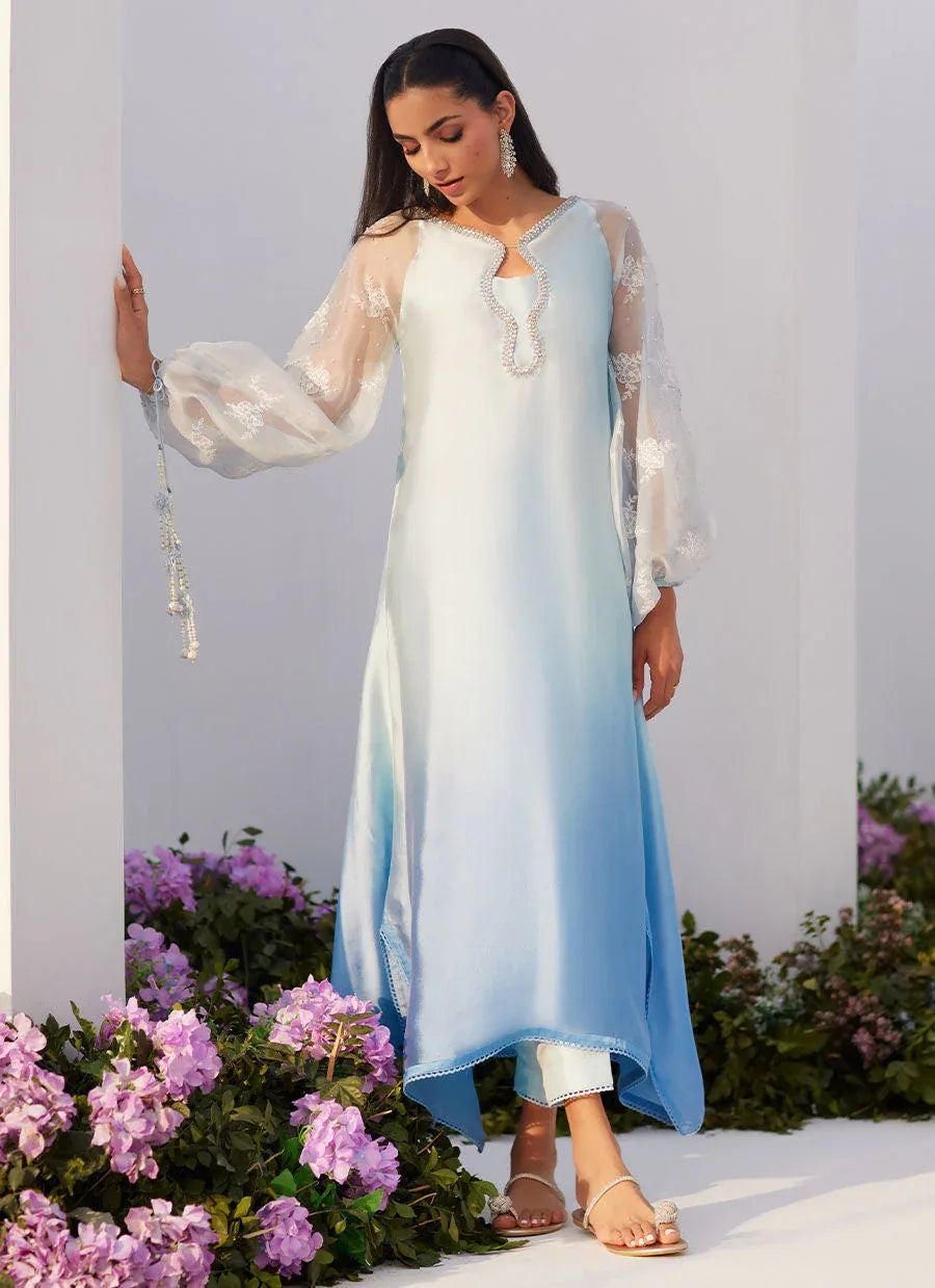 Farah Talib Aziz | Zaza Luxe Pret 24 | BOW OMBRE BLUE EMBELLISHED KAFTAN CUT SHIRT - Rang-e-Khaas