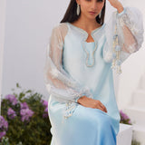 Farah Talib Aziz | Zaza Luxe Pret 24 |  BOW OMBRE BLUE EMBELLISHED KAFTAN CUT SHIRT