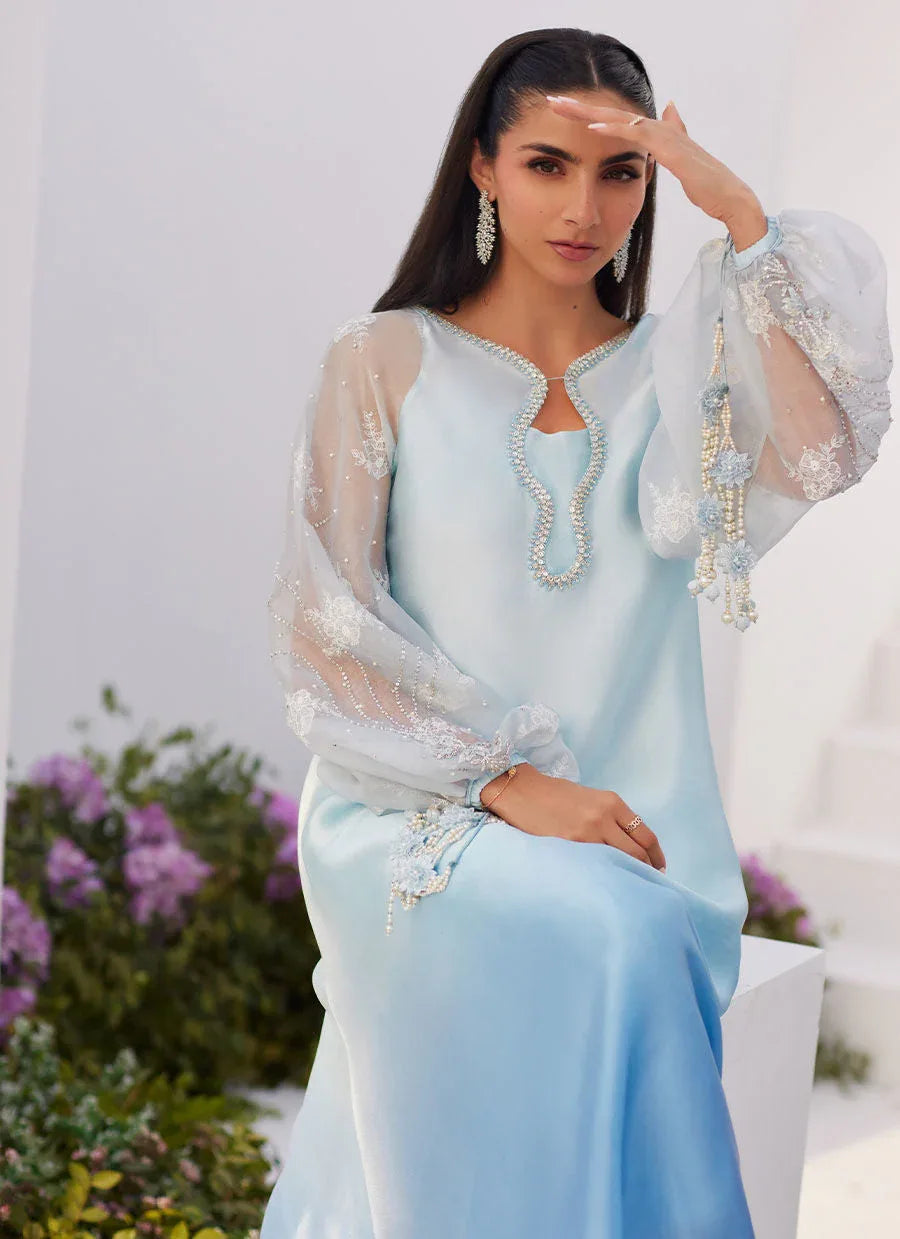 Farah Talib Aziz | Zaza Luxe Pret 24 | BOW OMBRE BLUE EMBELLISHED KAFTAN CUT SHIRT - Rang-e-Khaas