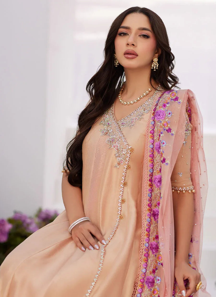Farah Talib Aziz | Zaza Luxe Pret 24 | LISETTE FAWN EMBELLISHED RAW SILK ANGARKHA AND DUPATTA - Rang-e-Khaas