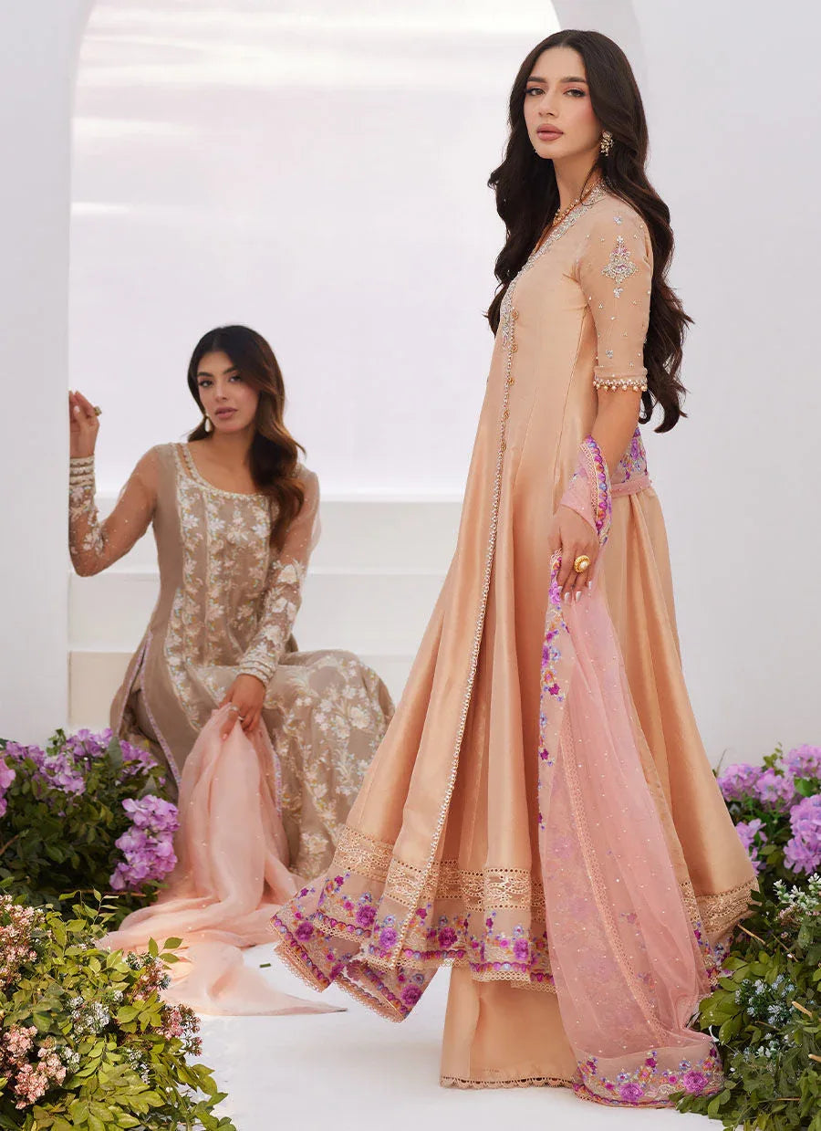Farah Talib Aziz | Zaza Luxe Pret 24 | LISETTE FAWN EMBELLISHED RAW SILK ANGARKHA AND DUPATTA - Rang-e-Khaas