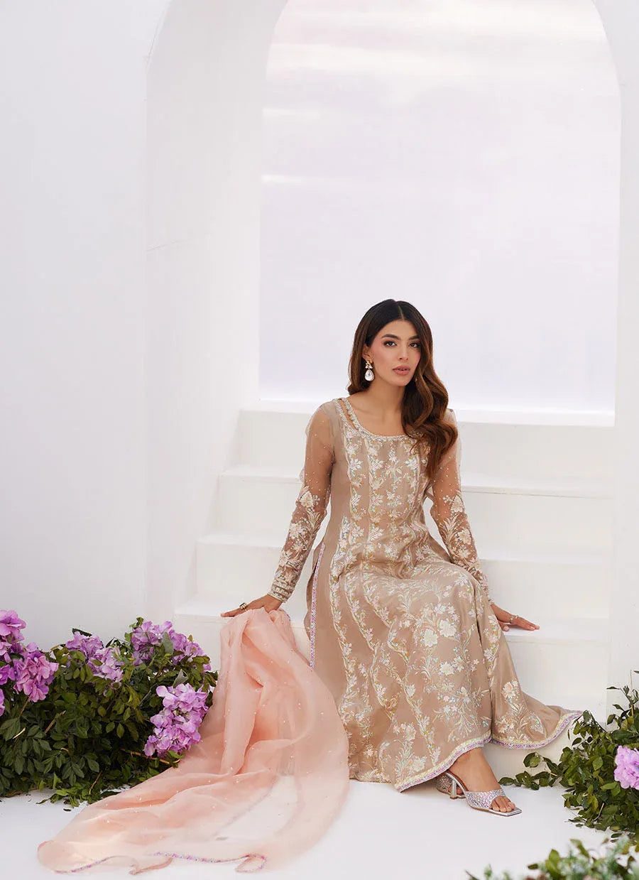 Farah Talib Aziz | Zaza Luxe Pret 24 | CHARLENE SAND EMBROIDERED KALIDAAR WITH DUPATTA - Rang-e-Khaas