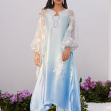 Farah Talib Aziz | Zaza Luxe Pret 24 |  BOW OMBRE BLUE EMBELLISHED KAFTAN CUT SHIRT