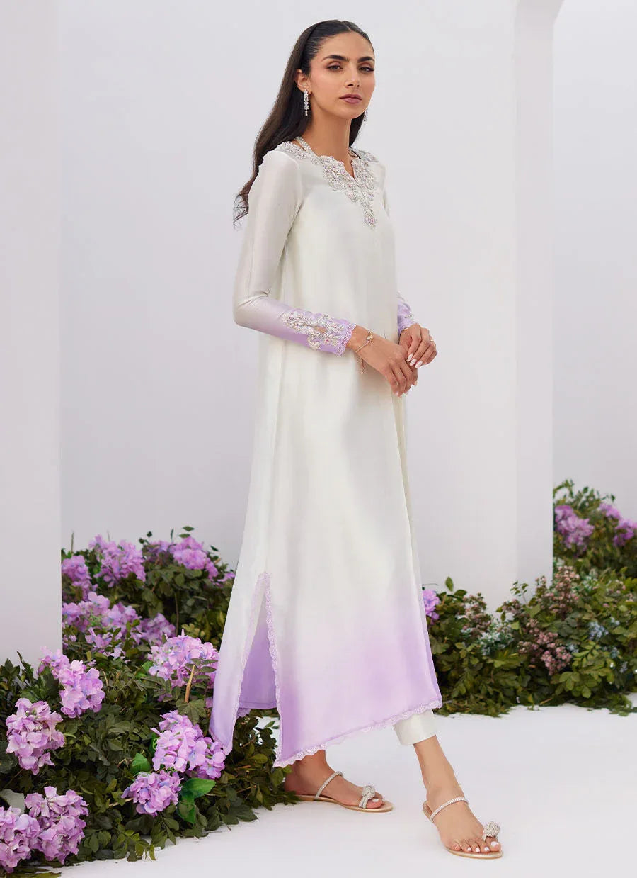 Farah Talib Aziz | Zaza Luxe Pret 24 | LIQUE SILVER OMBRE EMBELLISHED KAFTAAN CUT SHIRT - Rang-e-Khaas