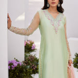 Farah Talib Aziz | Zaza Luxe Pret 24 | COLLETTE MINT OMBRE EMBELLISHED COLUMN SHIRT WITH KALIDAAR WITH EMBROIDERED SLIP