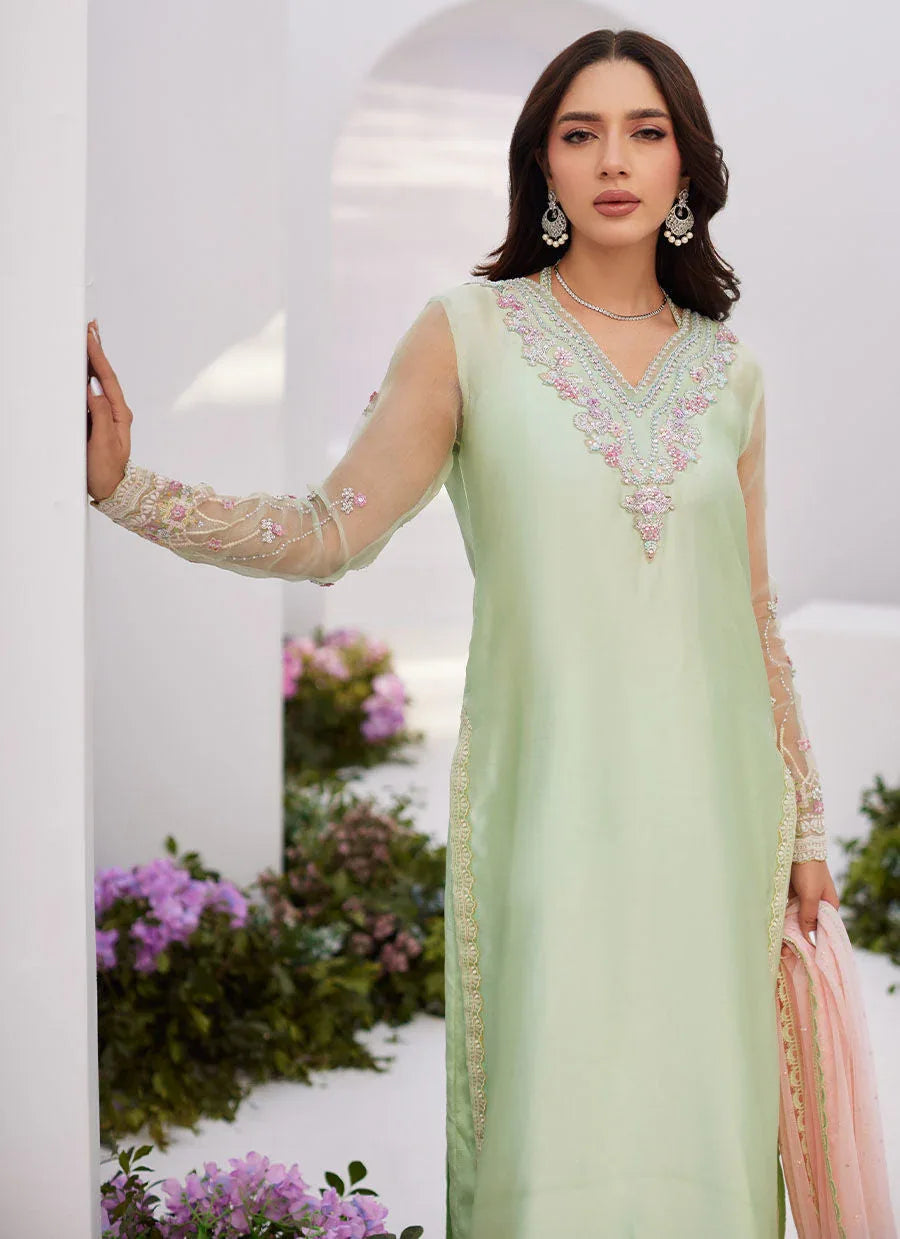 Farah Talib Aziz | Zaza Luxe Pret 24 | COLLETTE MINT OMBRE EMBELLISHED COLUMN SHIRT WITH KALIDAAR WITH EMBROIDERED SLIP - Rang-e-Khaas