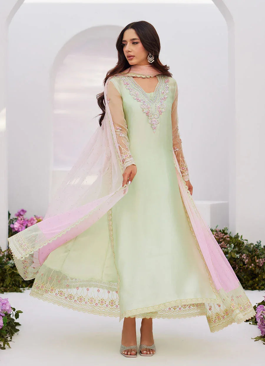 Farah Talib Aziz | Zaza Luxe Pret 24 | COLLETTE MINT OMBRE EMBELLISHED COLUMN SHIRT WITH KALIDAAR WITH EMBROIDERED SLIP - Rang-e-Khaas