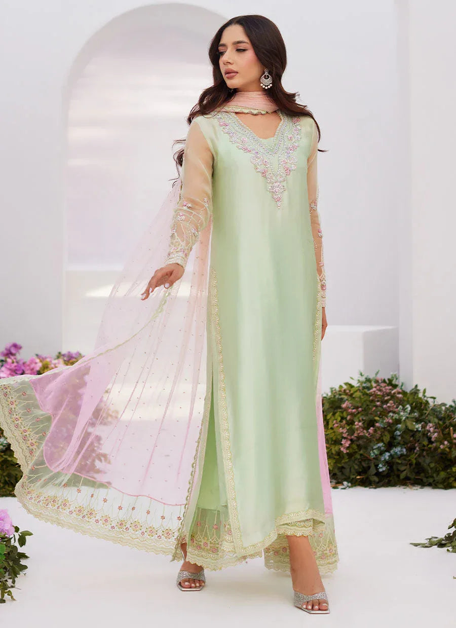 Farah Talib Aziz | Zaza Luxe Pret 24 | COLLETTE MINT OMBRE EMBELLISHED COLUMN SHIRT WITH KALIDAAR WITH EMBROIDERED SLIP - Rang-e-Khaas