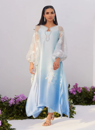 Farah Talib Aziz | Zaza Luxe Pret 24 | BOW OMBRE BLUE EMBELLISHED KAFTAN CUT SHIRT - Rang-e-Khaas