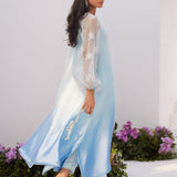 Farah Talib Aziz | Zaza Luxe Pret 24 |  BOW OMBRE BLUE EMBELLISHED KAFTAN CUT SHIRT