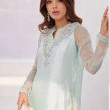 Farah Talib Aziz | Zaza Luxe Pret 24 | SOLENE AQUA OMBRE EMBELLISHED COLUMN SHIRT WITH EMBROIDERED KALIDAAR SLIP