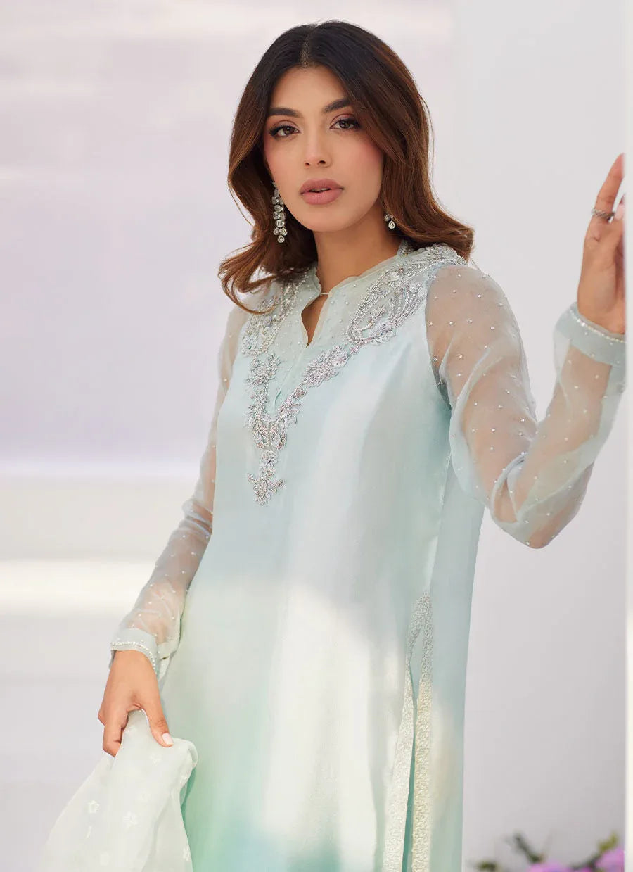 Farah Talib Aziz | Zaza Luxe Pret 24 | SOLENE AQUA OMBRE EMBELLISHED COLUMN SHIRT WITH EMBROIDERED KALIDAAR SLIP - Rang-e-Khaas