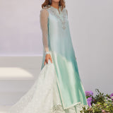 Farah Talib Aziz | Zaza Luxe Pret 24 | SOLENE AQUA OMBRE EMBELLISHED COLUMN SHIRT WITH EMBROIDERED KALIDAAR SLIP
