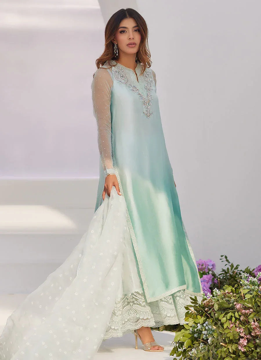 Farah Talib Aziz | Zaza Luxe Pret 24 | SOLENE AQUA OMBRE EMBELLISHED COLUMN SHIRT WITH EMBROIDERED KALIDAAR SLIP - Rang-e-Khaas