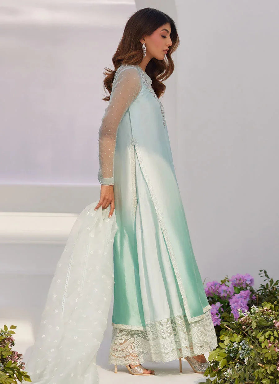 Farah Talib Aziz | Zaza Luxe Pret 24 | SOLENE AQUA OMBRE EMBELLISHED COLUMN SHIRT WITH EMBROIDERED KALIDAAR SLIP - Rang-e-Khaas