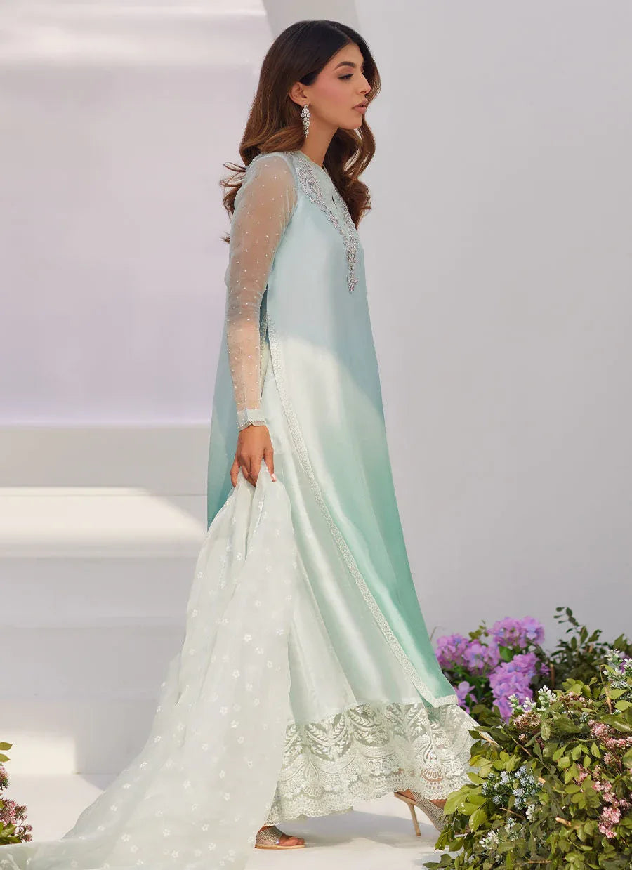 Farah Talib Aziz | Zaza Luxe Pret 24 | SOLENE AQUA OMBRE EMBELLISHED COLUMN SHIRT WITH EMBROIDERED KALIDAAR SLIP - Rang-e-Khaas