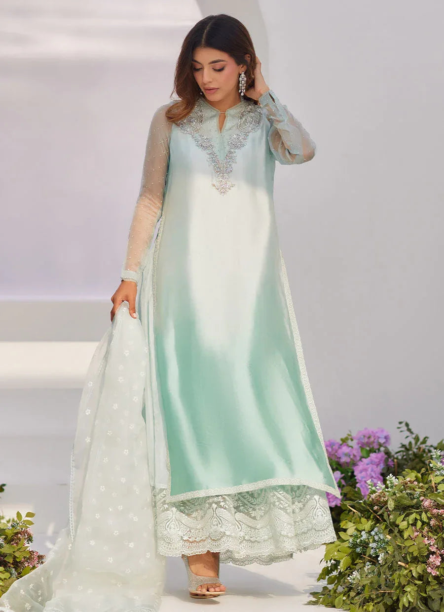 Farah Talib Aziz | Zaza Luxe Pret 24 | SOLENE AQUA OMBRE EMBELLISHED COLUMN SHIRT WITH EMBROIDERED KALIDAAR SLIP - Rang-e-Khaas