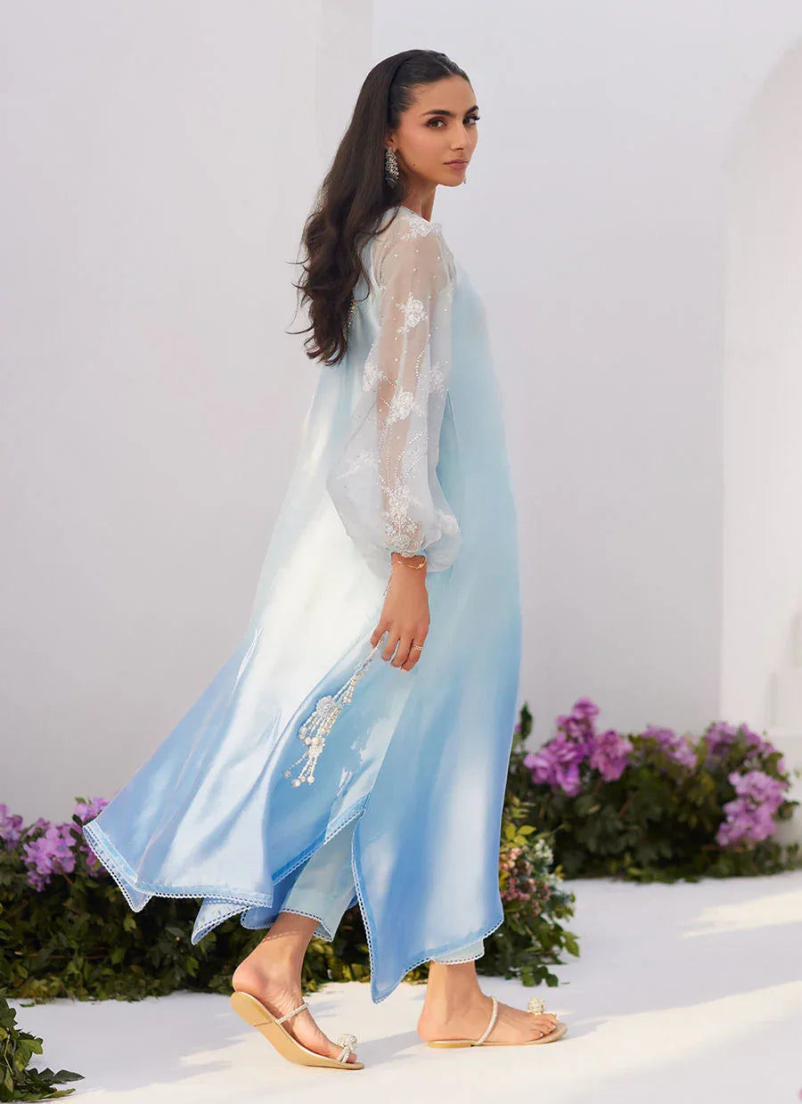 Farah Talib Aziz | Zaza Luxe Pret 24 | BOW OMBRE BLUE EMBELLISHED KAFTAN CUT SHIRT - Rang-e-Khaas