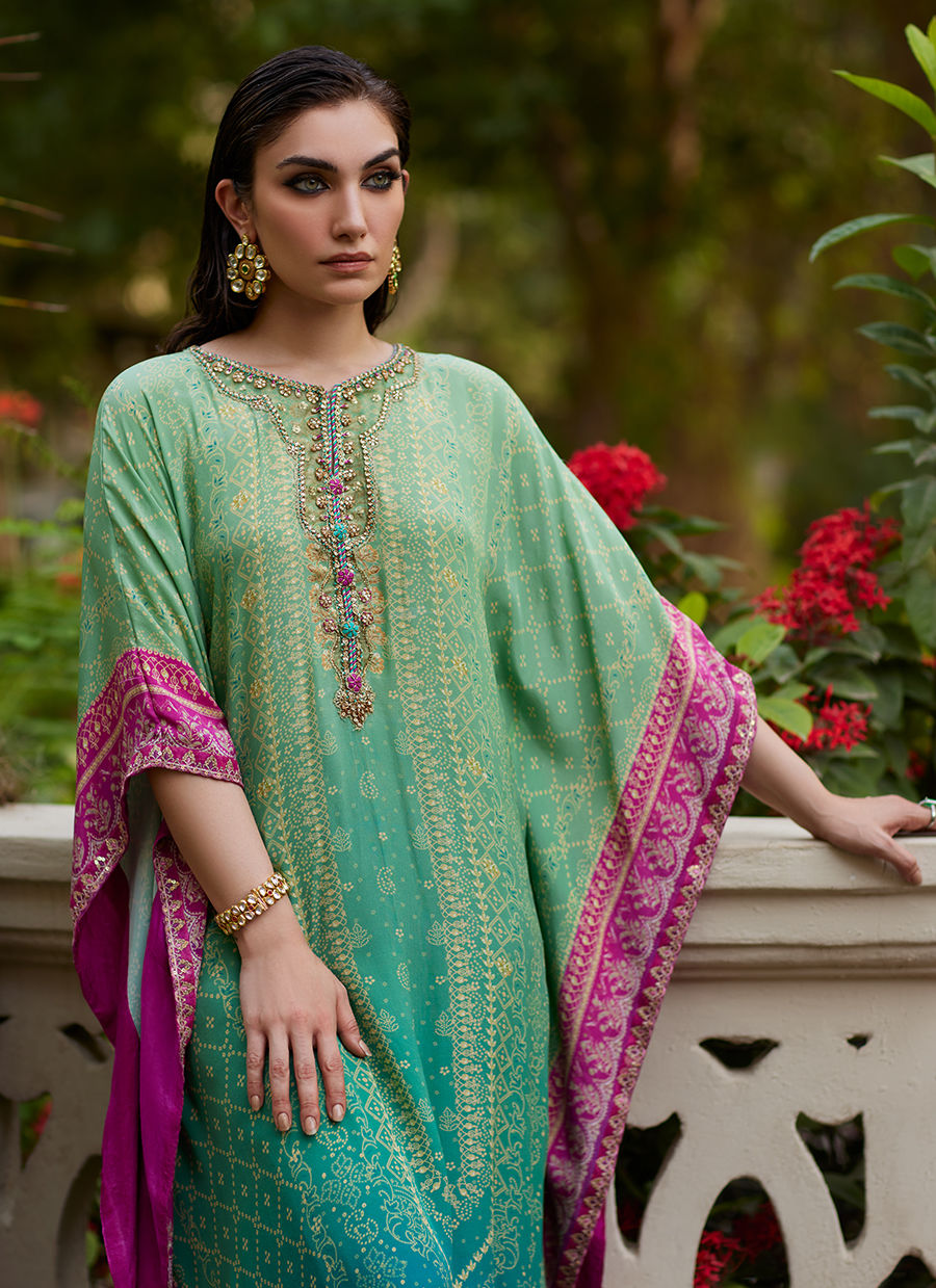 Farah Talib Aziz | Mayna Festive Prints 24 | Persia Teal Ombre Kaftan