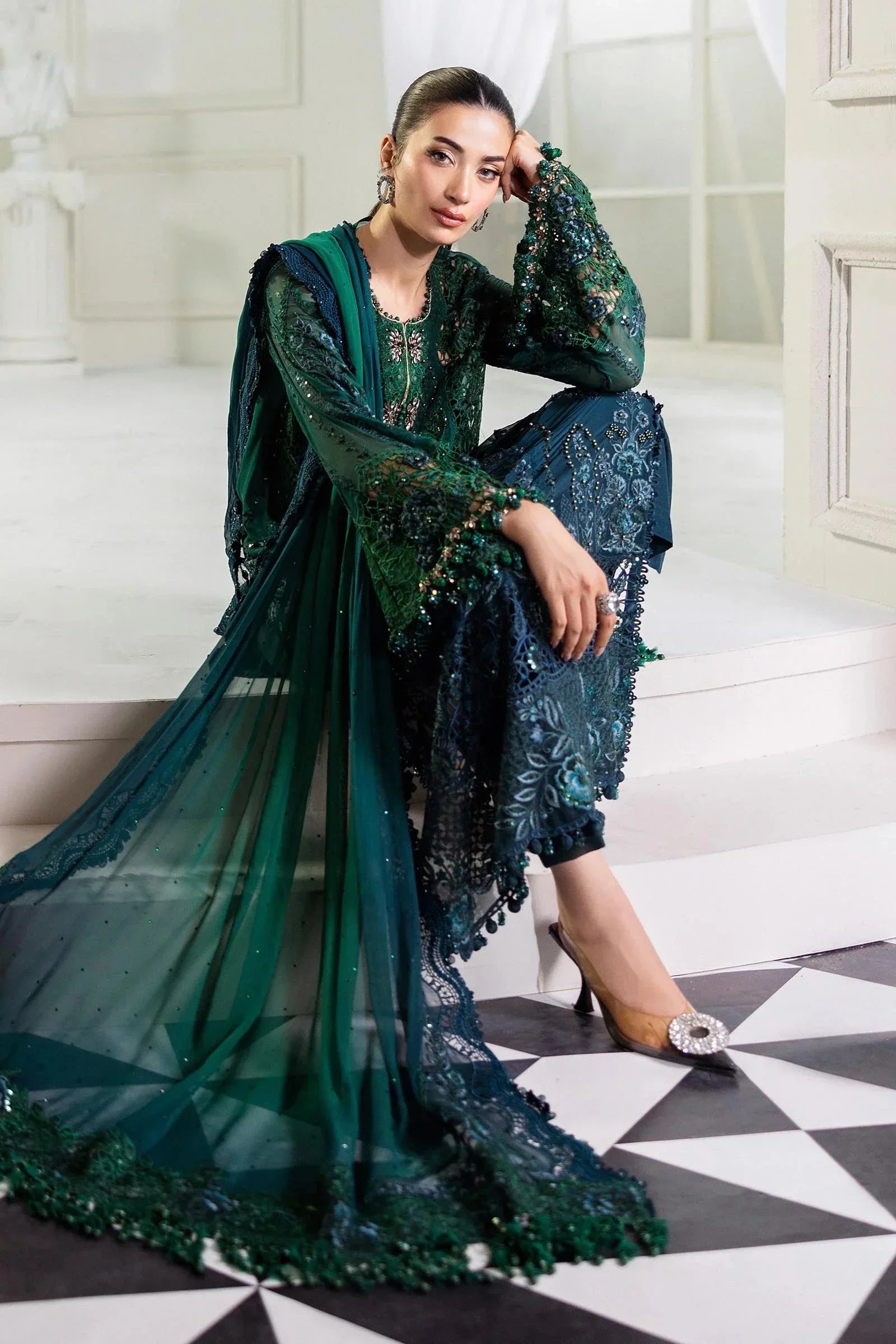 Maria B 3 Piece Embroidered Chiffon Suit | MPC-25-106 - Rang-e-Khaas