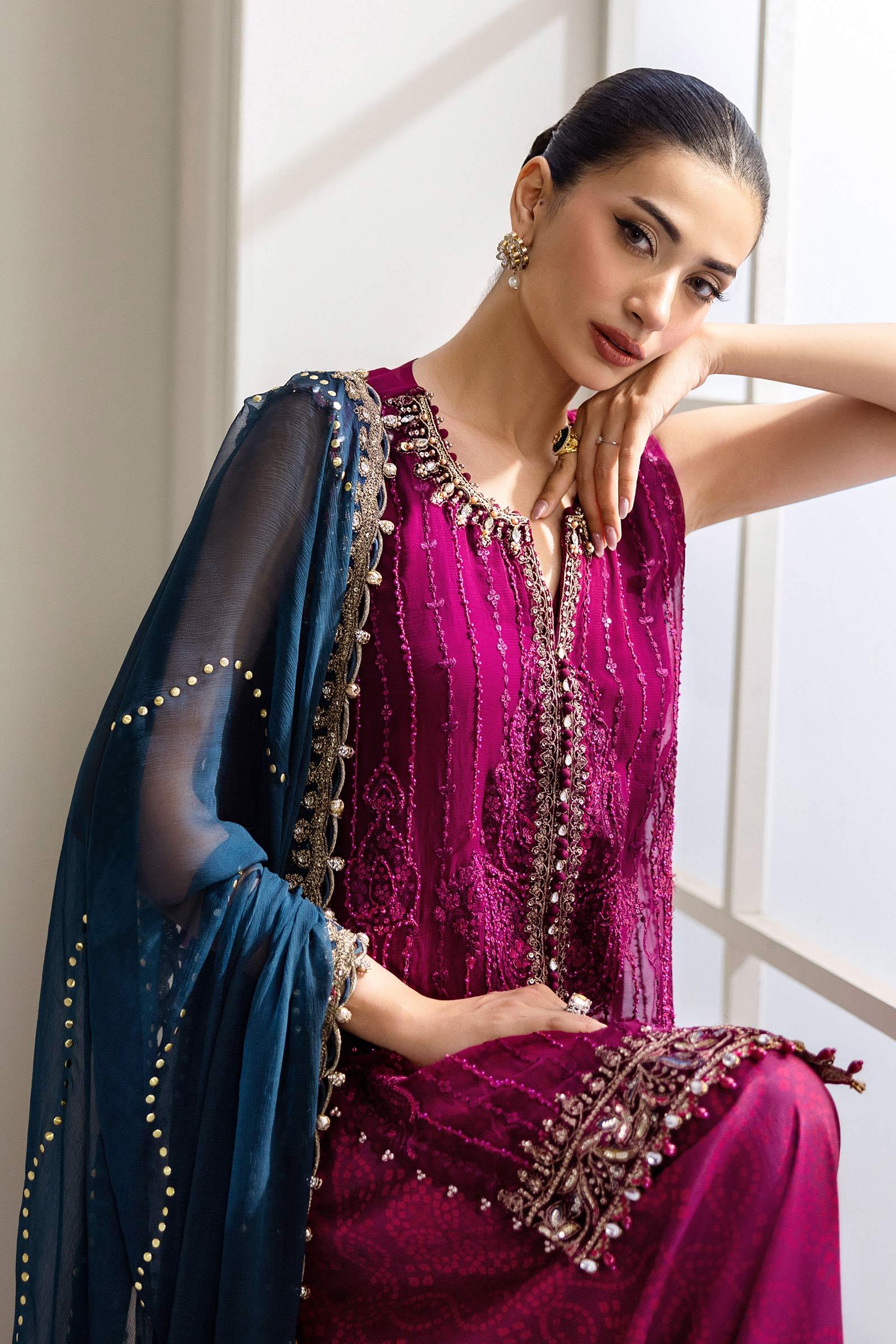 Maria B 3 Piece Unstitched Embroidered Chiffon Suit | MPC-25-102 - Rang-e-Khaas