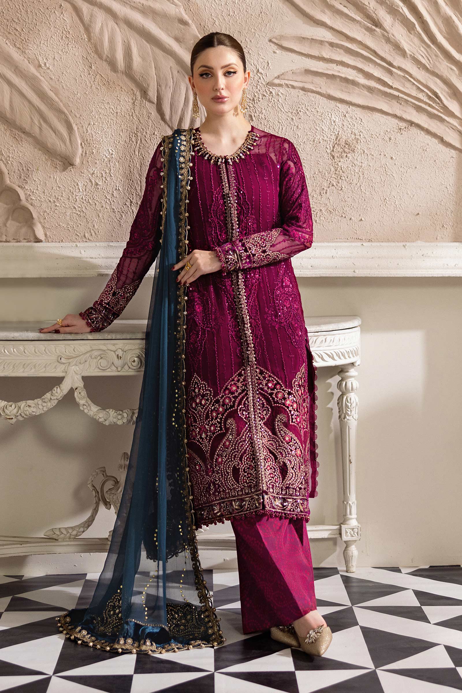 Maria B 3 Piece Unstitched Embroidered Chiffon Suit | MPC-25-102 - Rang-e-Khaas