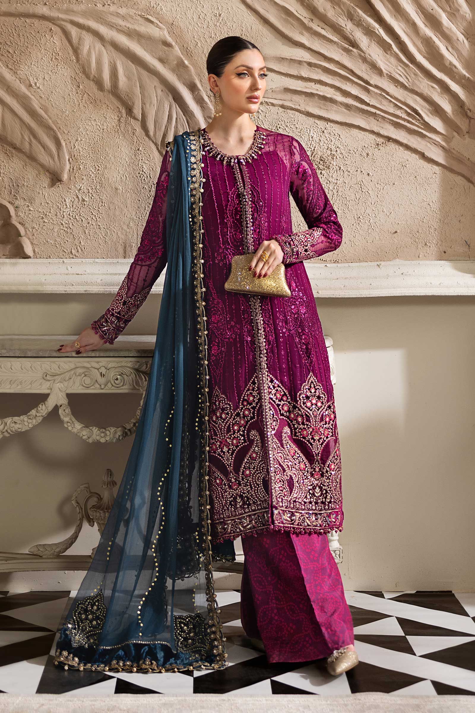 Maria B 3 Piece Unstitched Embroidered Chiffon Suit | MPC-25-102 - Rang-e-Khaas