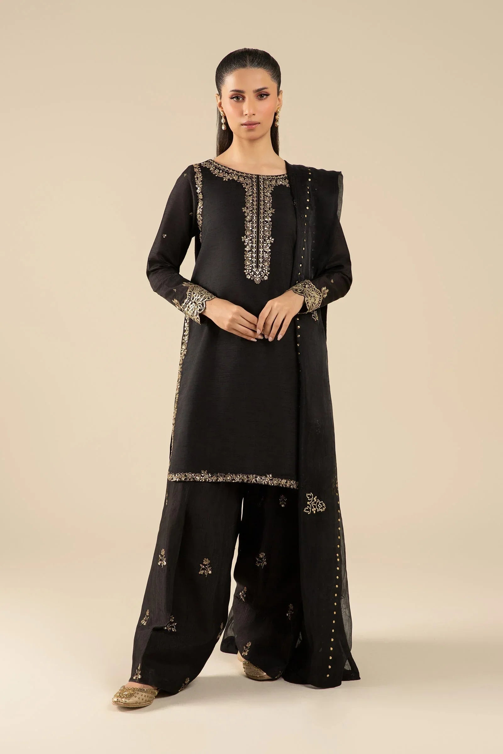 Maria B | Basics RTW | 3 Pc Embroidered Raw Silk Suit | MB-FS25-32-B - Rang-e-Khaas