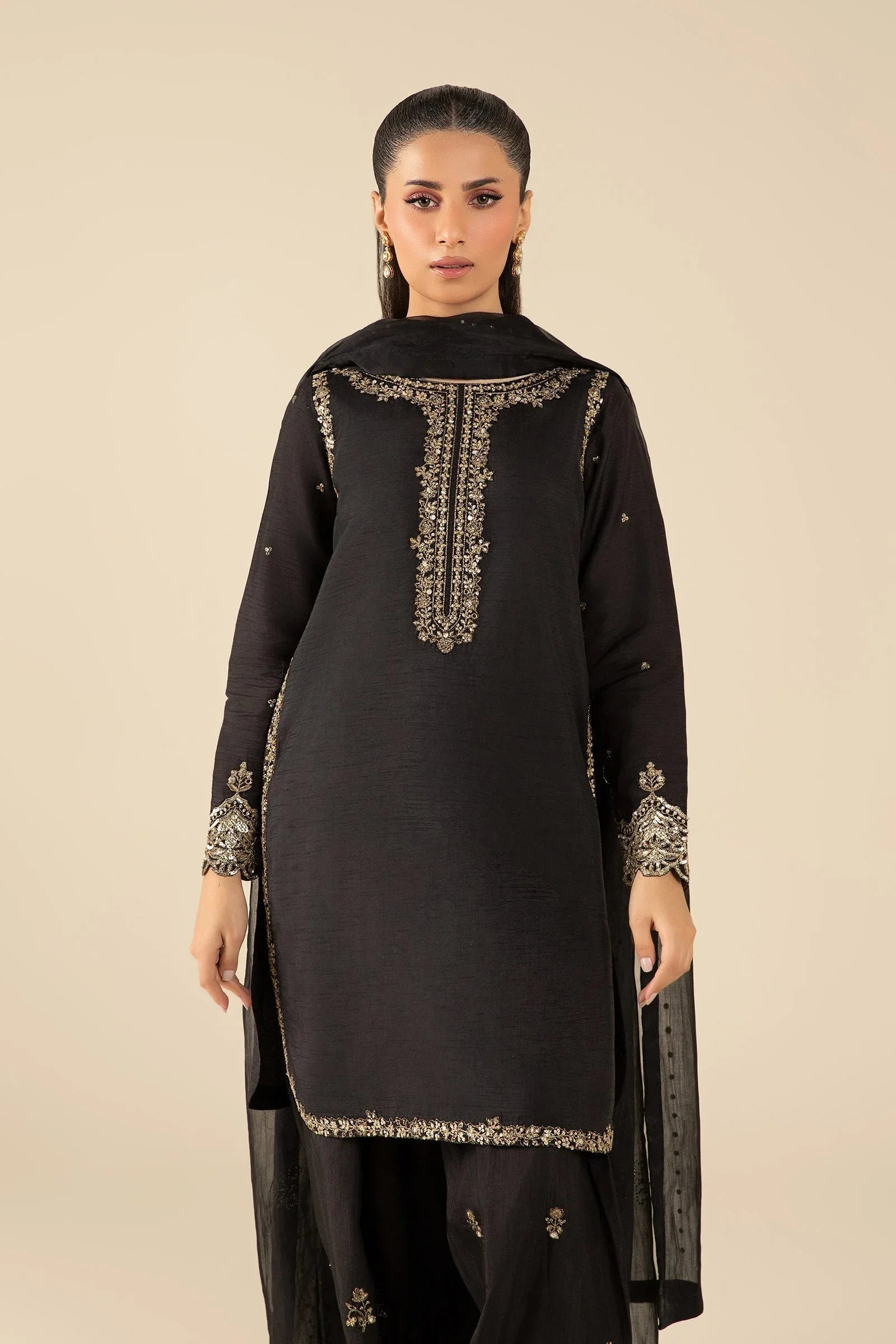 Maria B | Basics RTW | 3 Pc Embroidered Raw Silk Suit | MB-FS25-32-B - Rang-e-Khaas