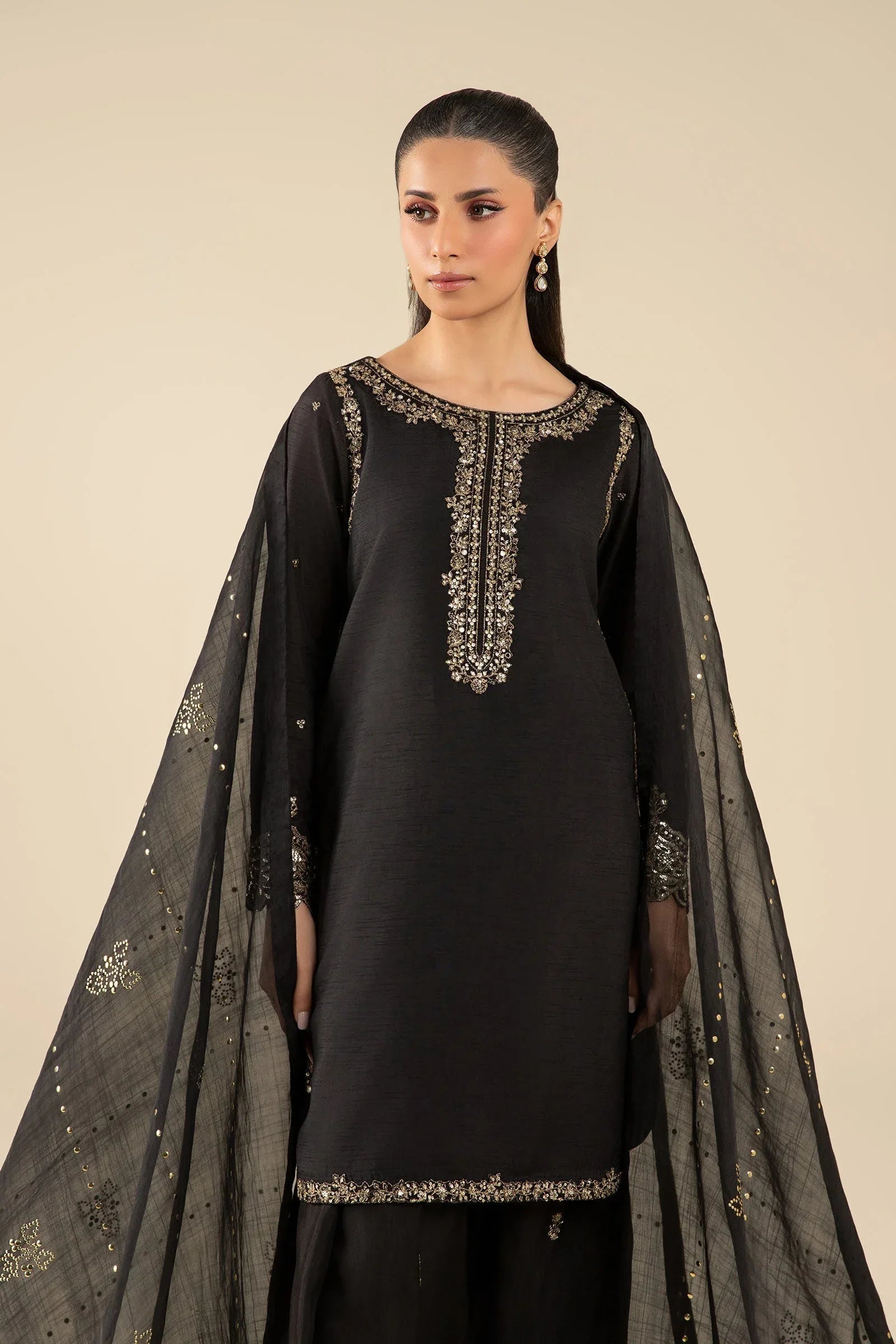 Maria B | Basics RTW | 3 Pc Embroidered Raw Silk Suit | MB-FS25-32-B - Rang-e-Khaas