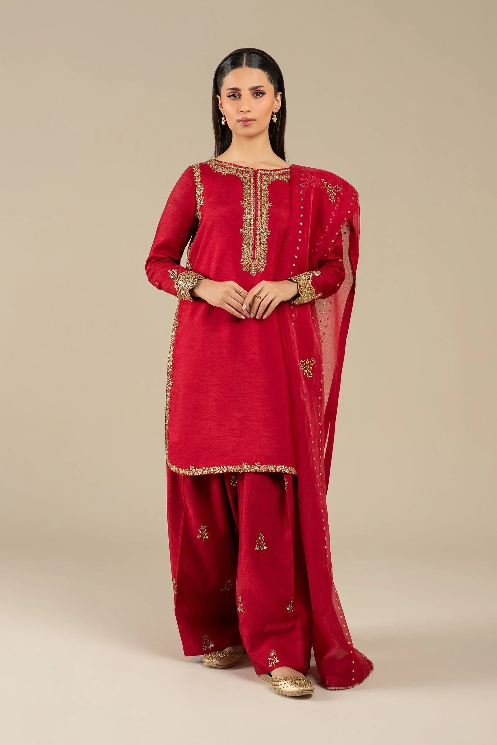 Maria B | Basics RTW | 3 Pc Embroidered Raw Silk Suit | MB-FS25-32 - Rang-e-Khaas