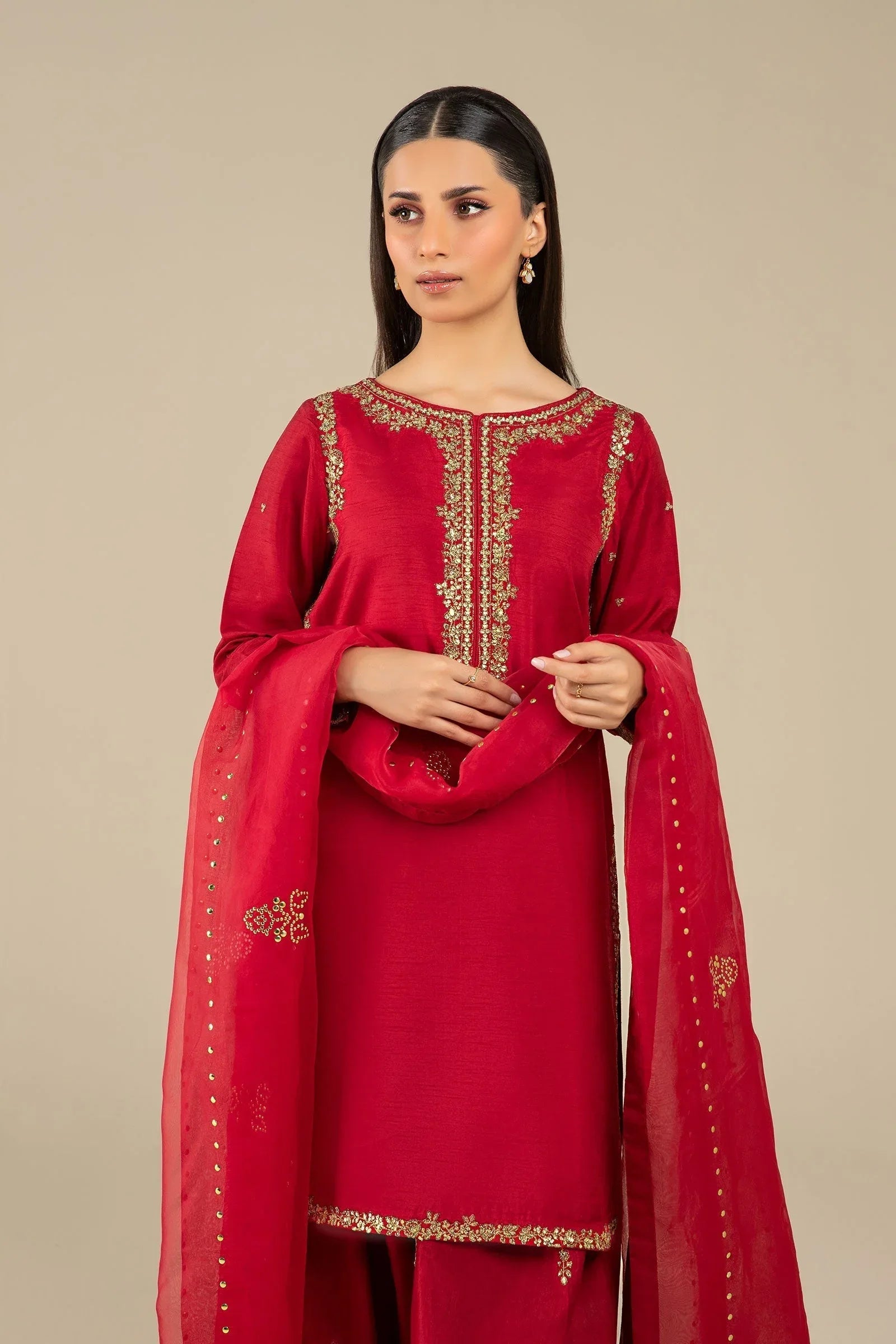 Maria B | Basics RTW | 3 Pc Embroidered Raw Silk Suit | MB-FS25-32 - Rang-e-Khaas