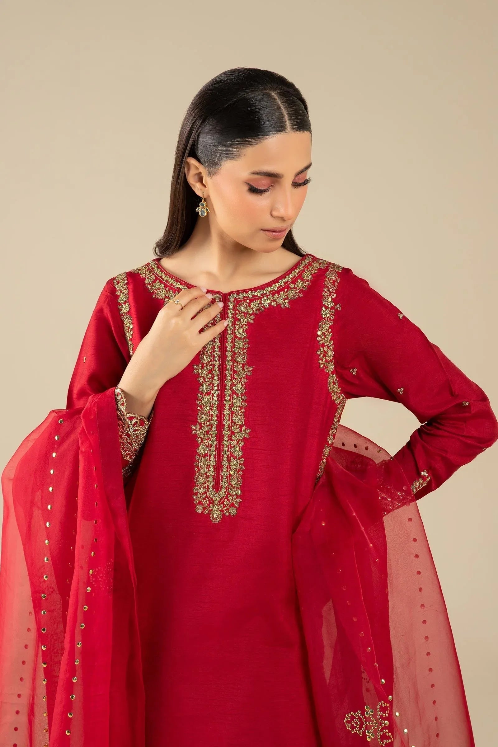 Maria B | Basics RTW | 3 Pc Embroidered Raw Silk Suit | MB-FS25-32 - Rang-e-Khaas