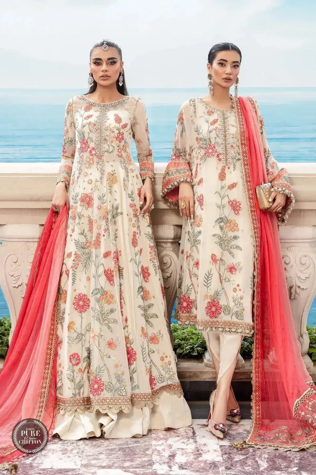 Maria B | Luxury Chiffon Collection | Cloud White Floral - Rang-e-Khaas