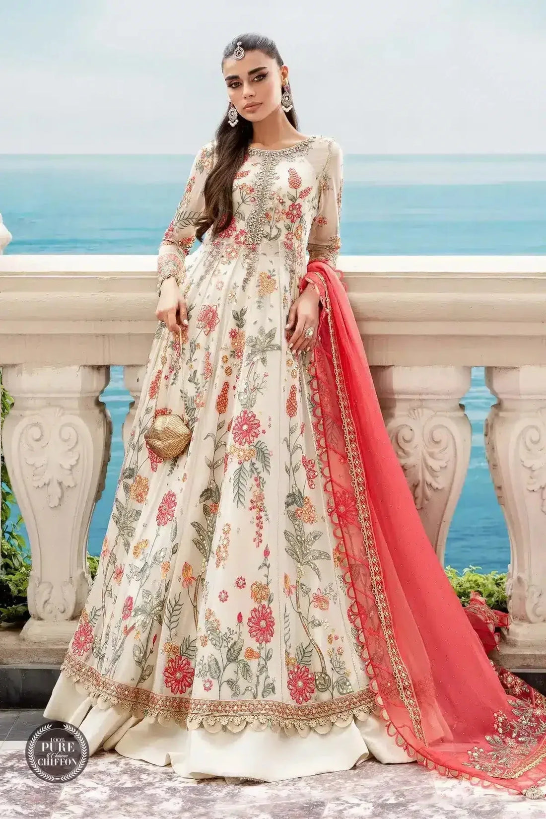 Maria B | Luxury Chiffon Collection | Cloud White Floral - Rang-e-Khaas