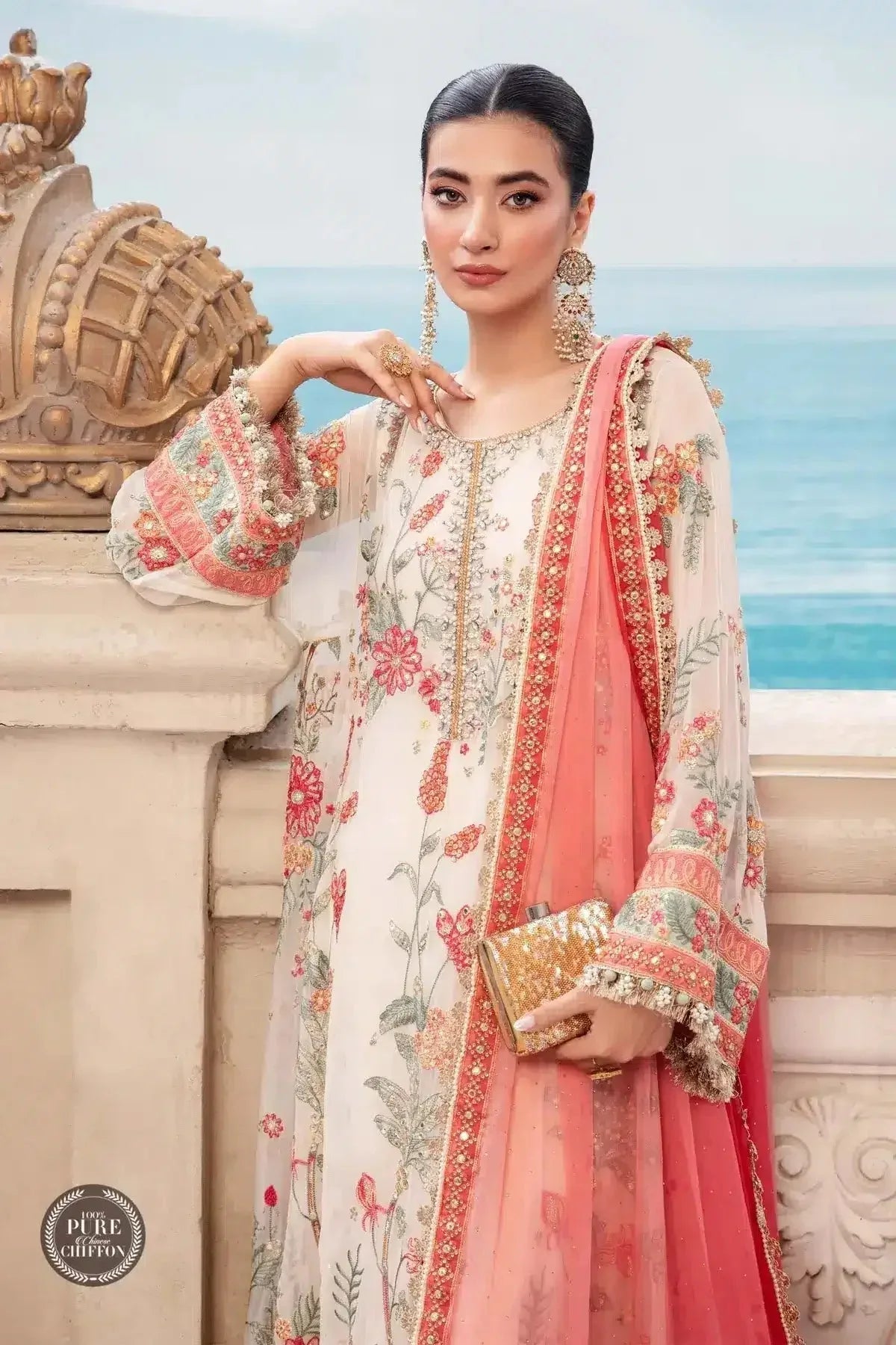 Maria B | Luxury Chiffon Collection | Cloud White Floral - Rang-e-Khaas