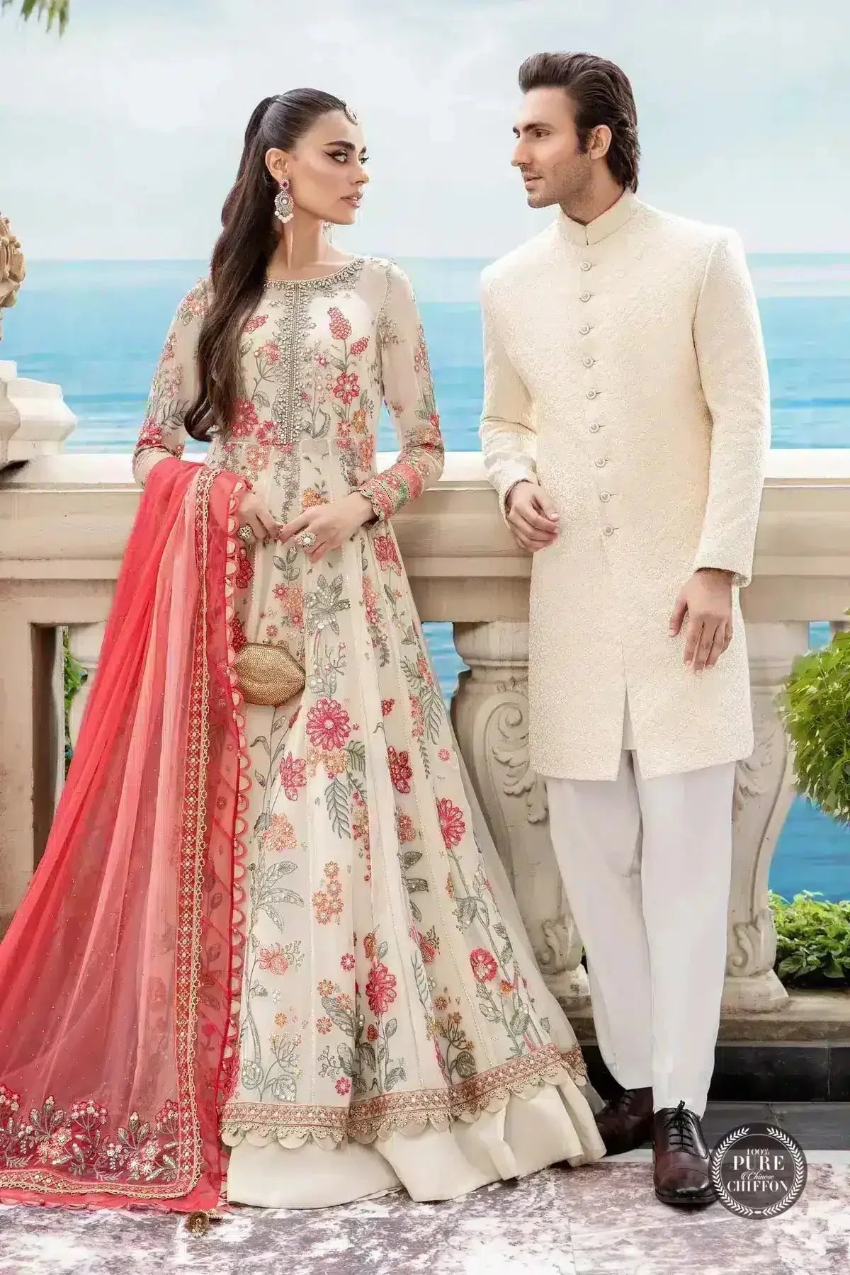 Maria B | Luxury Chiffon Collection | Cloud White Floral - Rang-e-Khaas