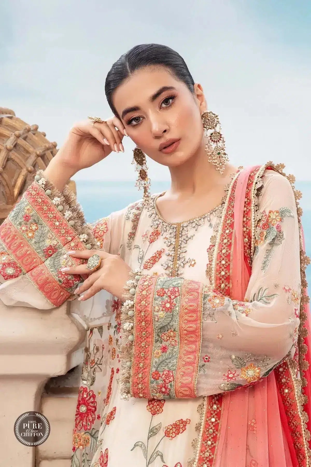 Maria B | Luxury Chiffon Collection | Cloud White Floral - Rang-e-Khaas