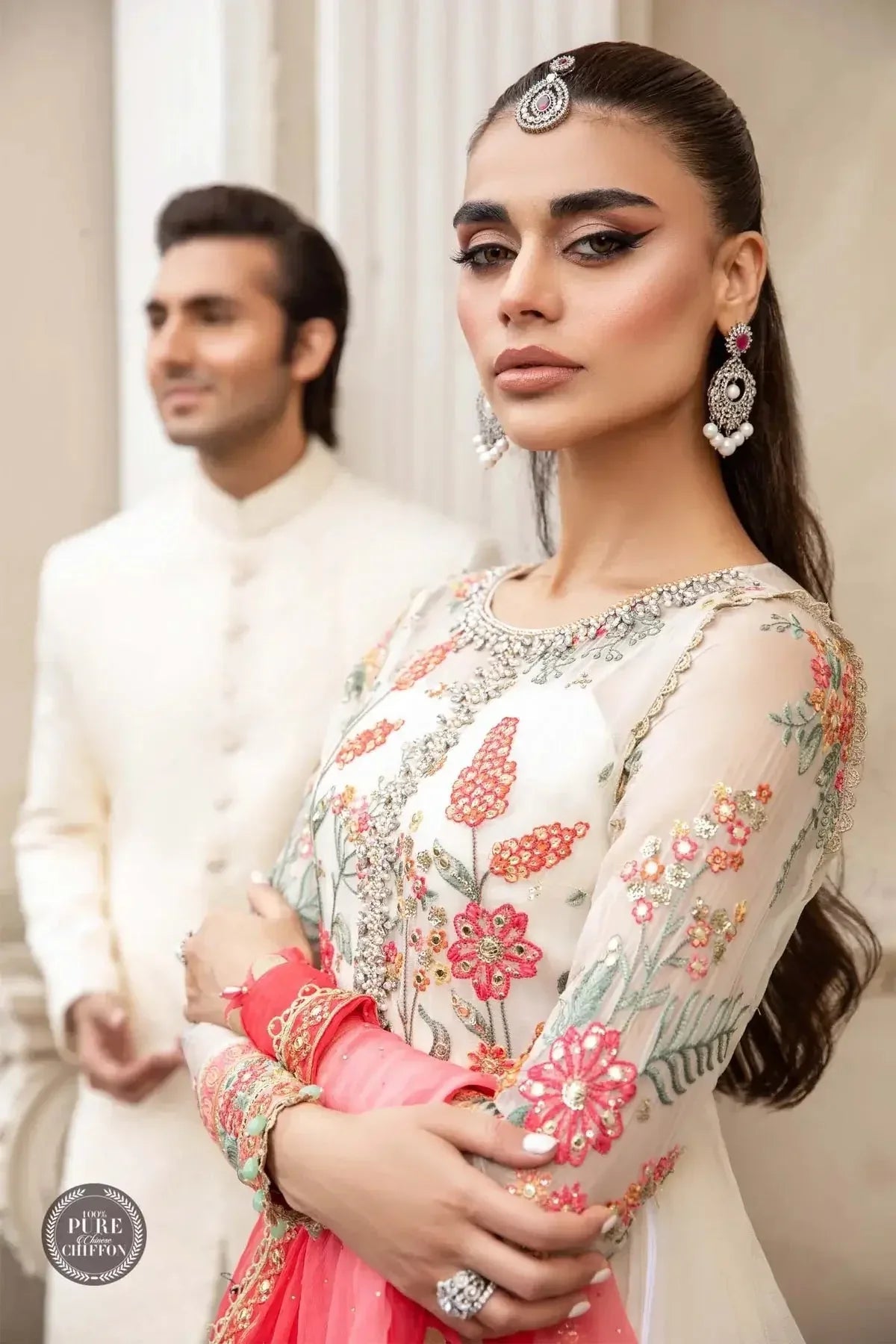 Maria B | Luxury Chiffon Collection | Cloud White Floral - Rang-e-Khaas
