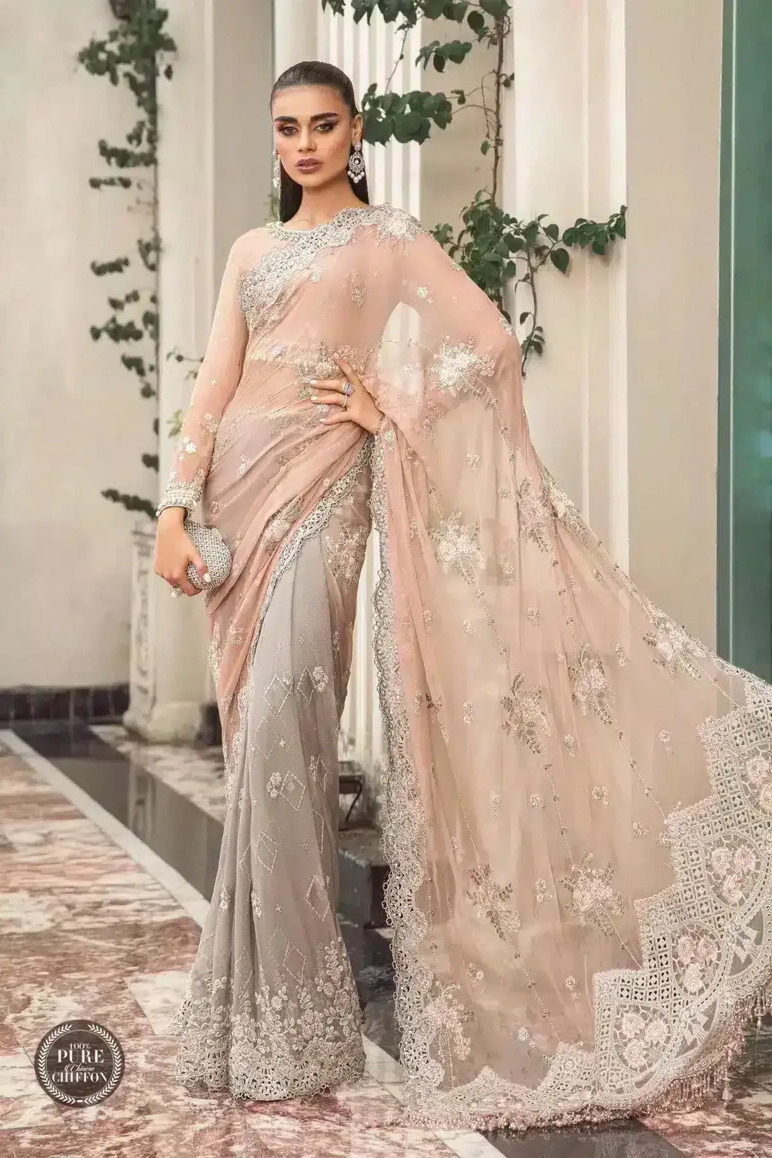 Maria B | Luxury Chiffon Collection | Peach And Grey - Rang-e-Khaas