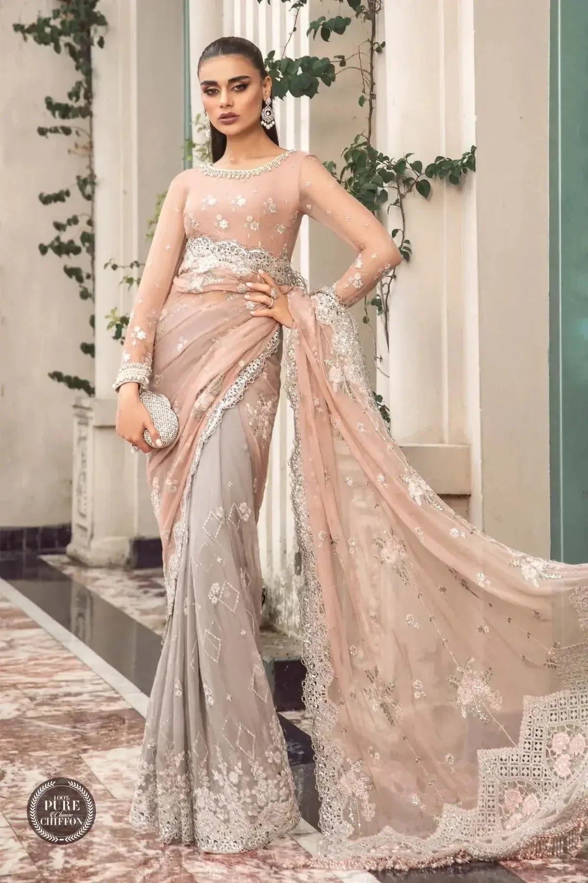 Maria B | Luxury Chiffon Collection | Peach And Grey - Rang-e-Khaas