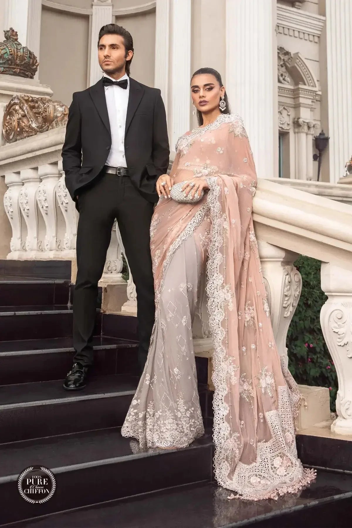 Maria B | Luxury Chiffon Collection | Peach And Grey - Rang-e-Khaas