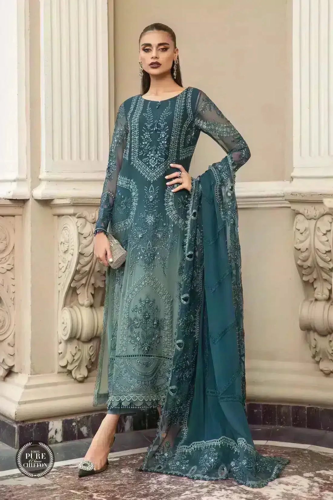 Maria B | Luxury Chiffon Collection | Teal Blue - Rang-e-Khaas