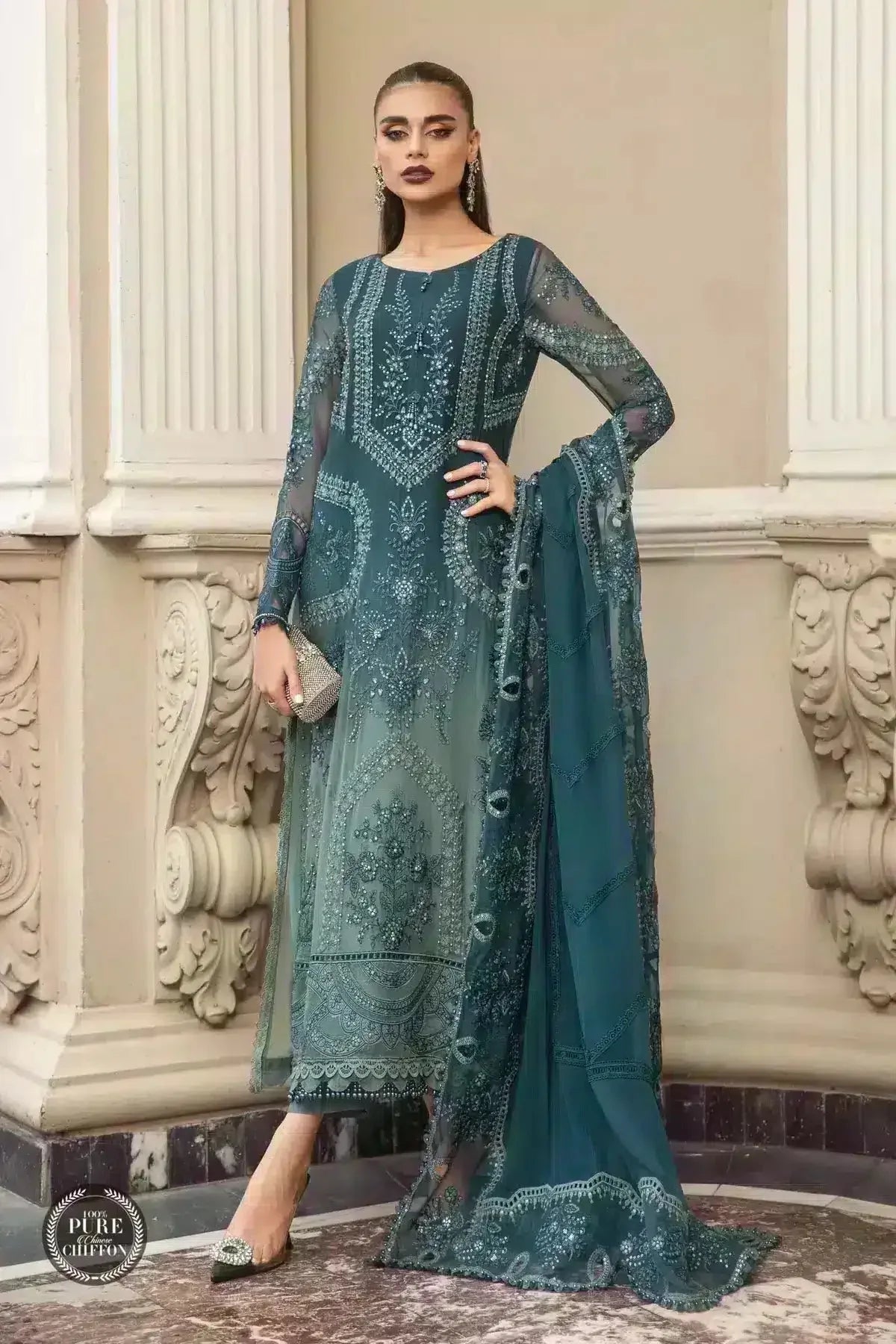Maria B | Luxury Chiffon Collection | Teal Blue - Rang-e-Khaas